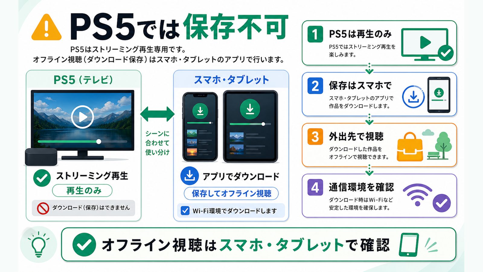 HuluのPS5視聴ではオフライン保存できずスマホやタブレットで確認することを示す図解