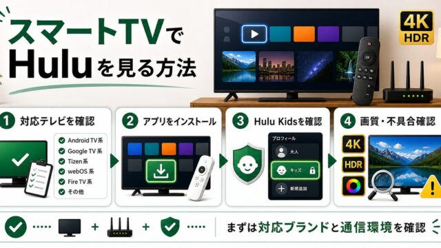 スマートTVでHuluを見る方法とHulu Kidsや画質確認を示すアイキャッチ