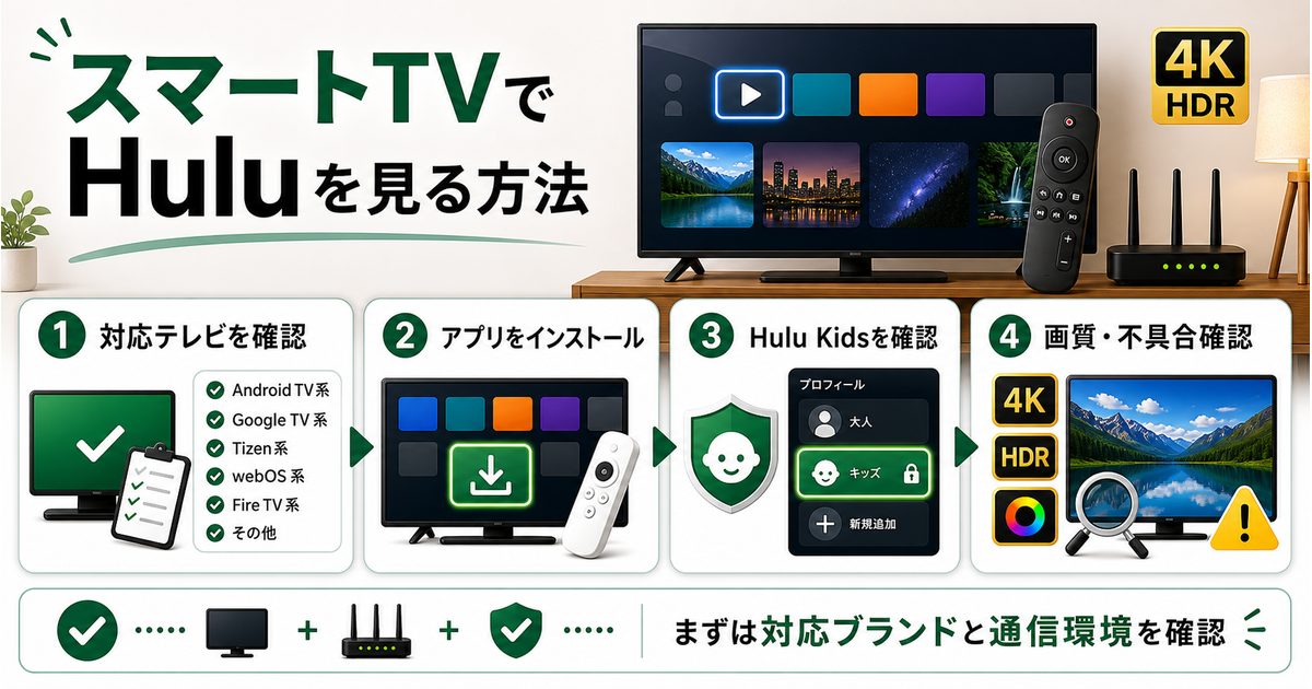 スマートTVでHuluを見る方法とHulu Kidsや画質確認を示すアイキャッチ