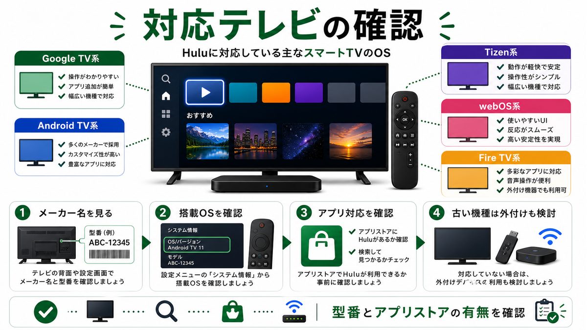 Hulu対応スマートTVのメーカーや搭載OSを確認する図解