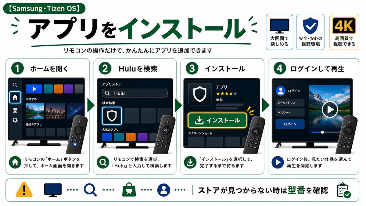スマートTVでHuluアプリを検索してインストールする手順を示す図解