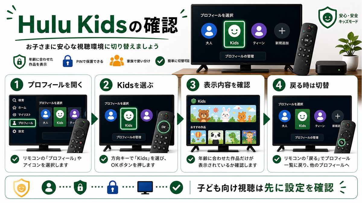 スマートTVでHulu Kidsへ切り替える手順を示す図解