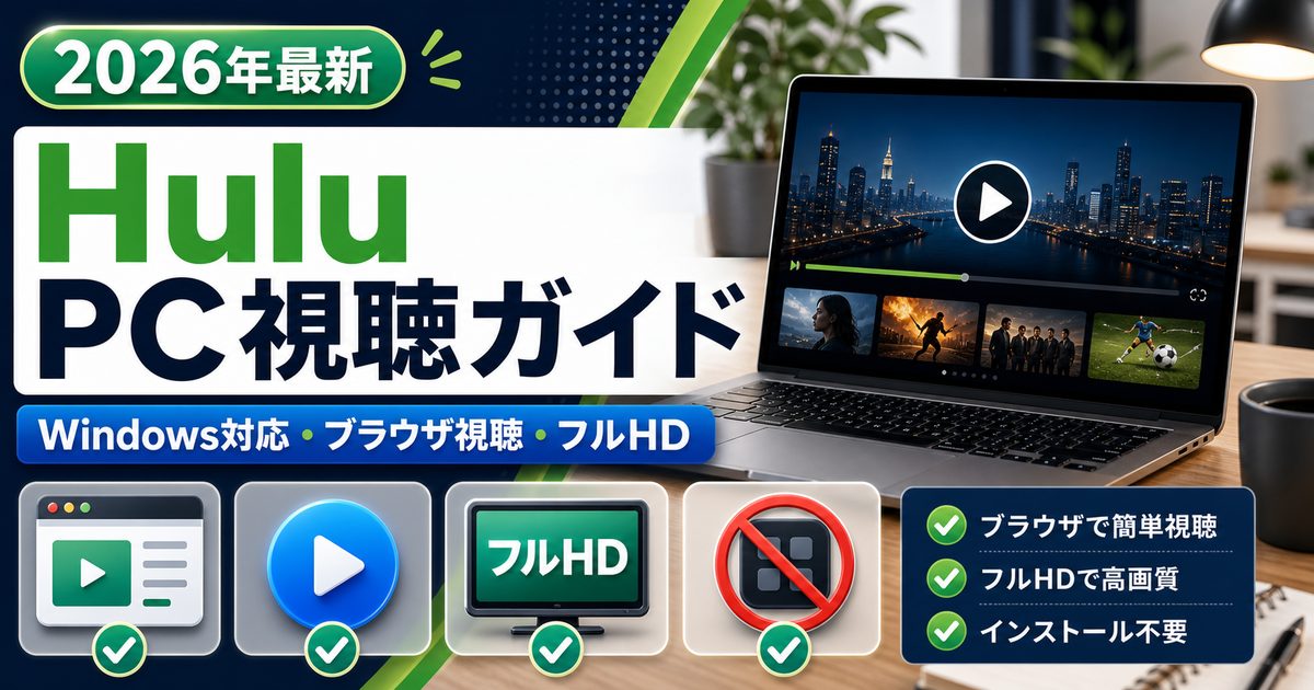 PCでHuluを見る方法とWindowsのブラウザ視聴・フルHD対応を示すアイキャッチ