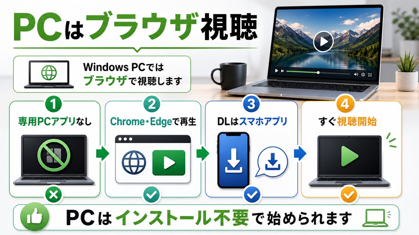 HuluをWindows PCで見る時はブラウザ視聴が基本であることを示す図解