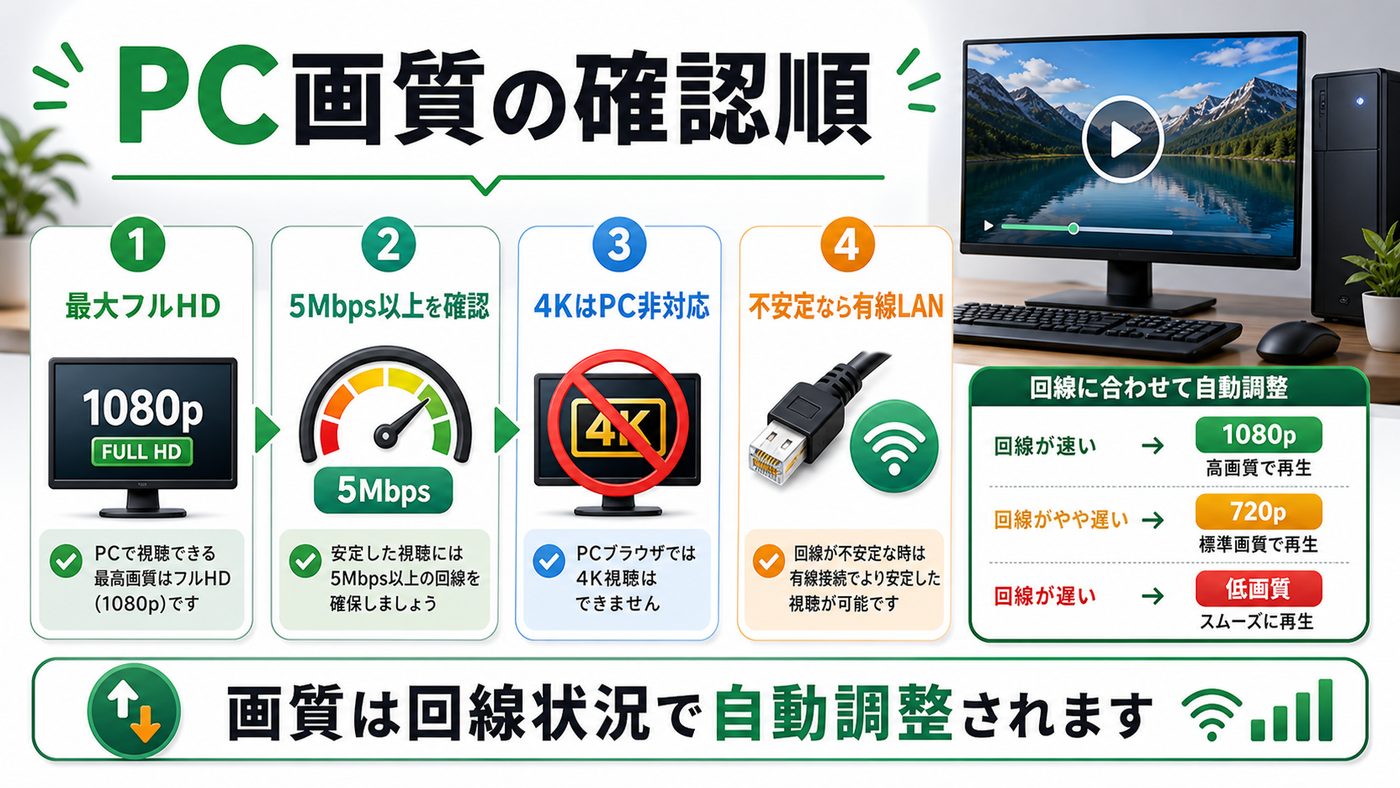 HuluのPC視聴で最大フルHD・5Mbps以上・4K非対応を確認する図解