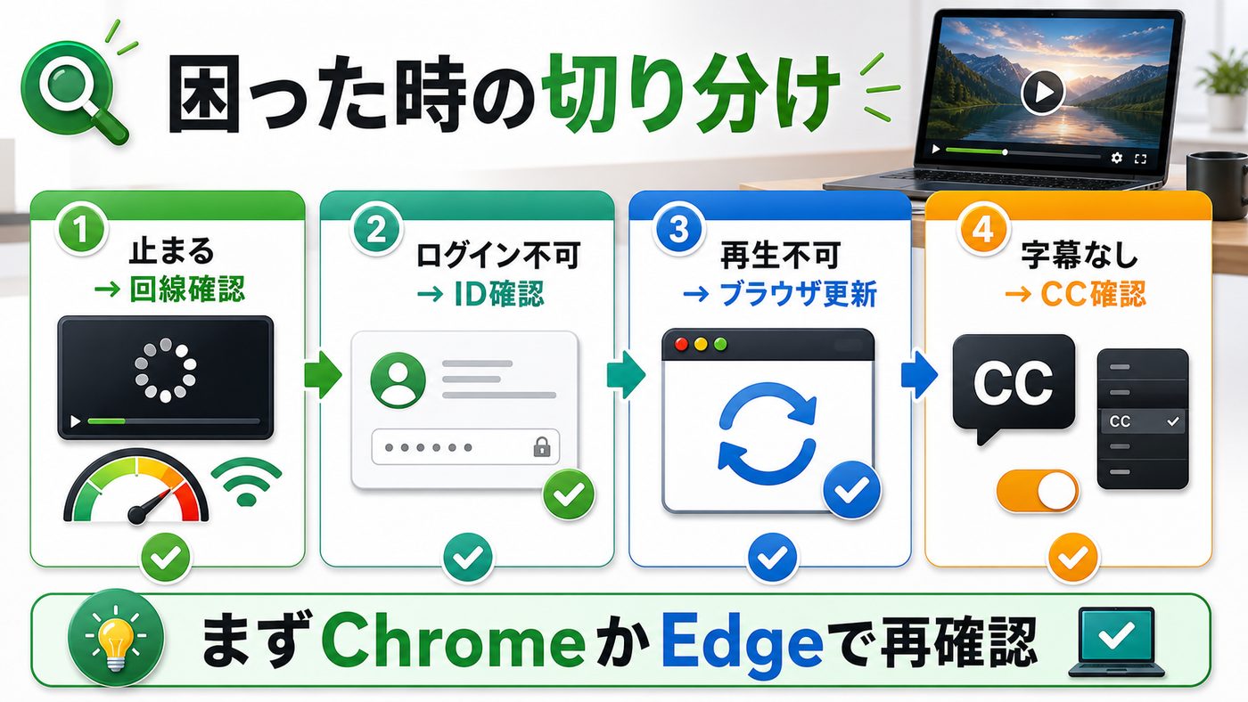 HuluのPC視聴で止まる・ログイン不可・再生不可・字幕なしの時の切り分け図解
