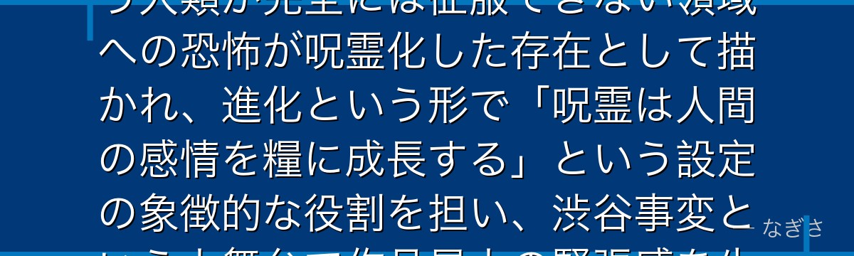 ダゴンを深掘りすると、呪術廻戦が「自然への畏怖が生む呪い」というテーマをダゴンに体現させ、海という人類が完全には征服できない領域への恐怖が呪霊化した存在として描かれ、進化という形で「呪霊は人間の感情を糧に成長する」という設定の象徴的な役割を担い、渋谷事変という大舞台で作品最大の緊張感を生み出しているかが伝わってくるんだよね