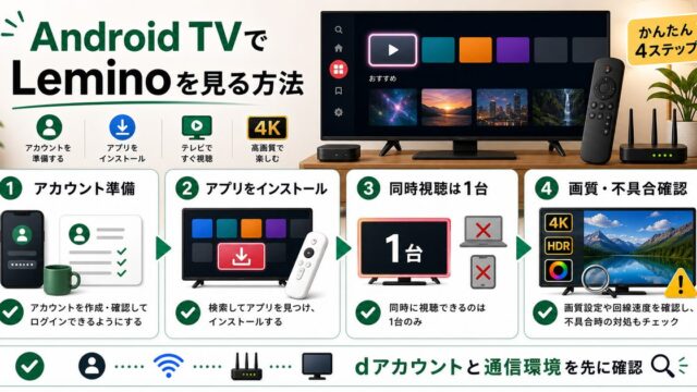 Android TVでLeminoを見る方法とdアカウント準備や同時視聴制限を示すアイキャッチ