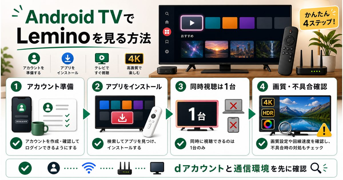Android TVでLeminoを見る方法とdアカウント準備や同時視聴制限を示すアイキャッチ