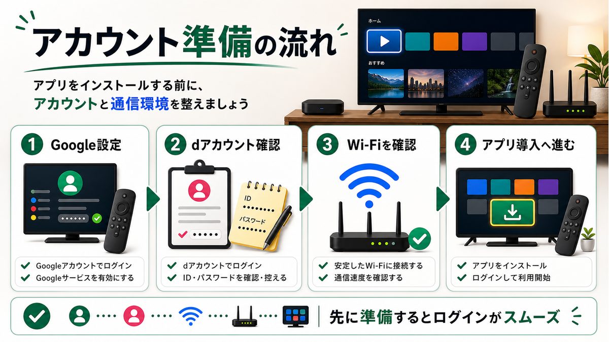 Android TVでLeminoを見る前のGoogleアカウントとdアカウント準備を示す図解