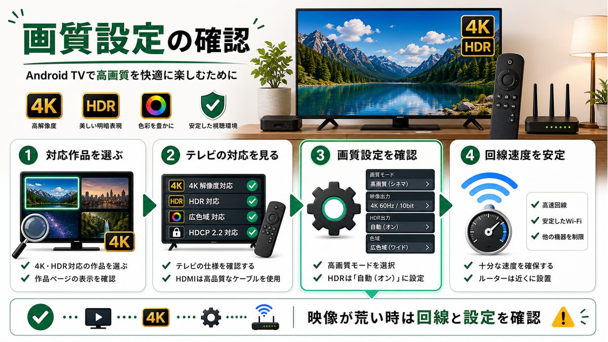 Android TVでLeminoの画質設定や回線状態を確認する図解