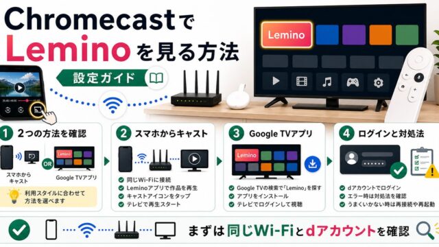 ChromecastでLeminoを見る方法とキャストやdアカウント確認を示すアイキャッチ
