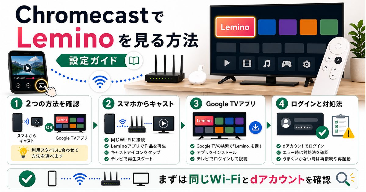ChromecastでLeminoを見る方法とキャストやdアカウント確認を示すアイキャッチ