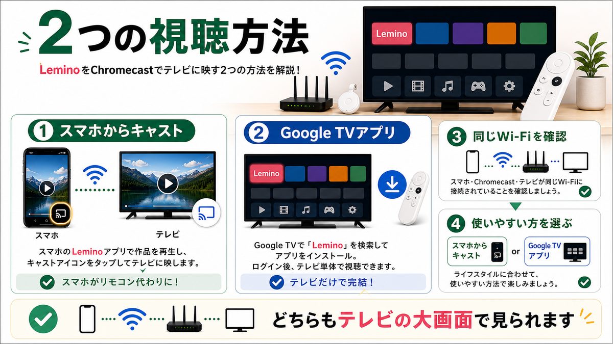 LeminoをChromecastで見る2つの方法を比較する図解