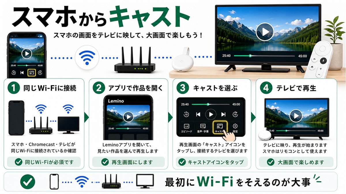 スマホからChromecastでLeminoをテレビへキャストする手順を示す図解