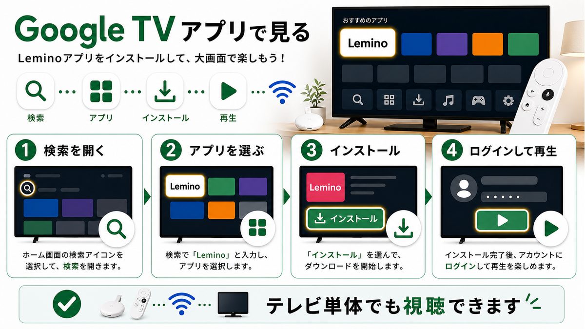 Google TV搭載ChromecastにLeminoアプリをインストールする手順を示す図解