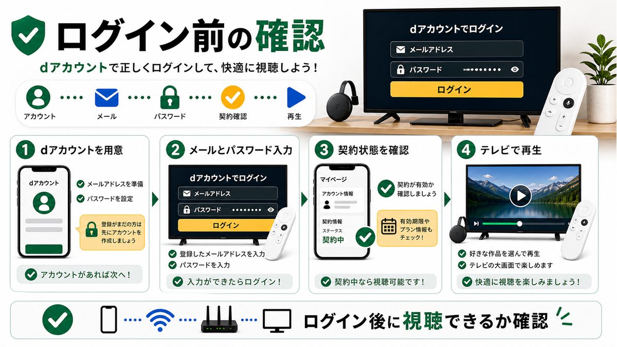 ChromecastやGoogle TVでLeminoへログインする前の確認ポイントを示す図解