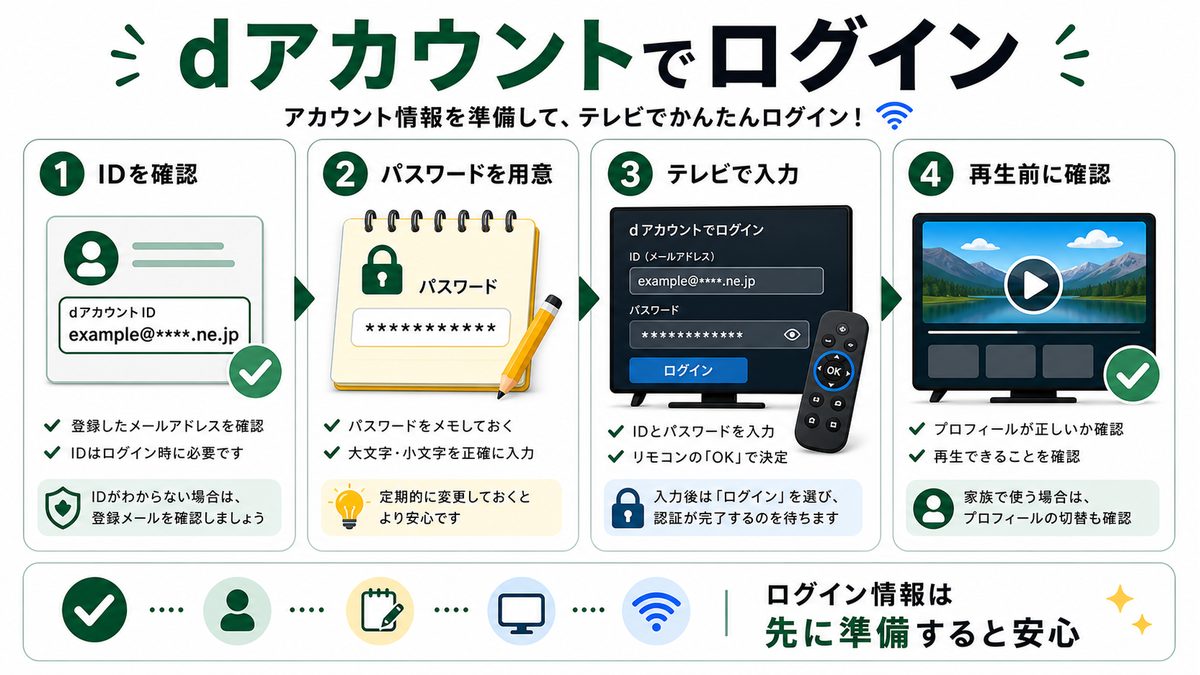 スマートTVでLeminoへdアカウントでログインする準備を示す図解