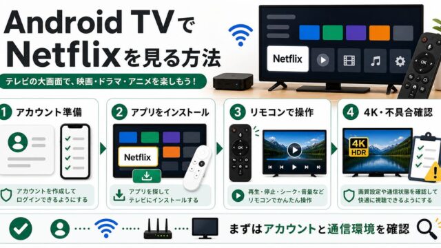 Android TVでNetflixを見る方法とアカウント準備や高画質確認を示すアイキャッチ
