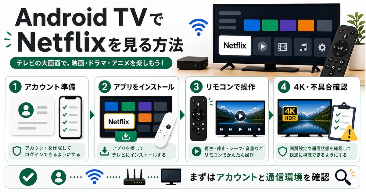 Android TVでNetflixを見る方法とアカウント準備や高画質確認を示すアイキャッチ