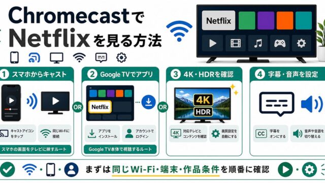 ChromecastでNetflixを見る方法とキャストや4K HDR確認を示すアイキャッチ