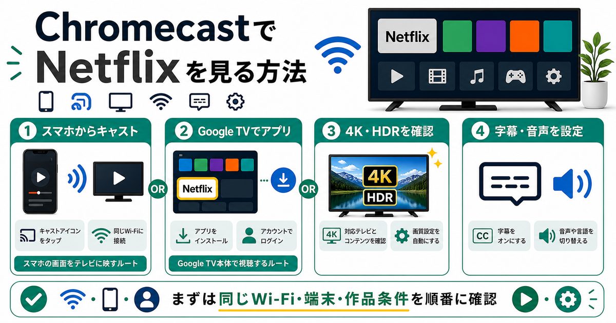 ChromecastでNetflixを見る方法とキャストや4K HDR確認を示すアイキャッチ