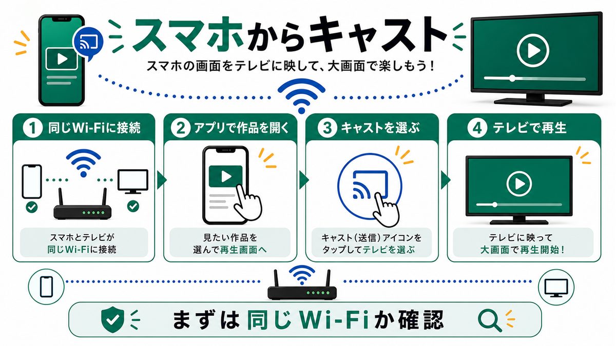 スマホからChromecastでNetflixをテレビへキャストする手順を示す図解