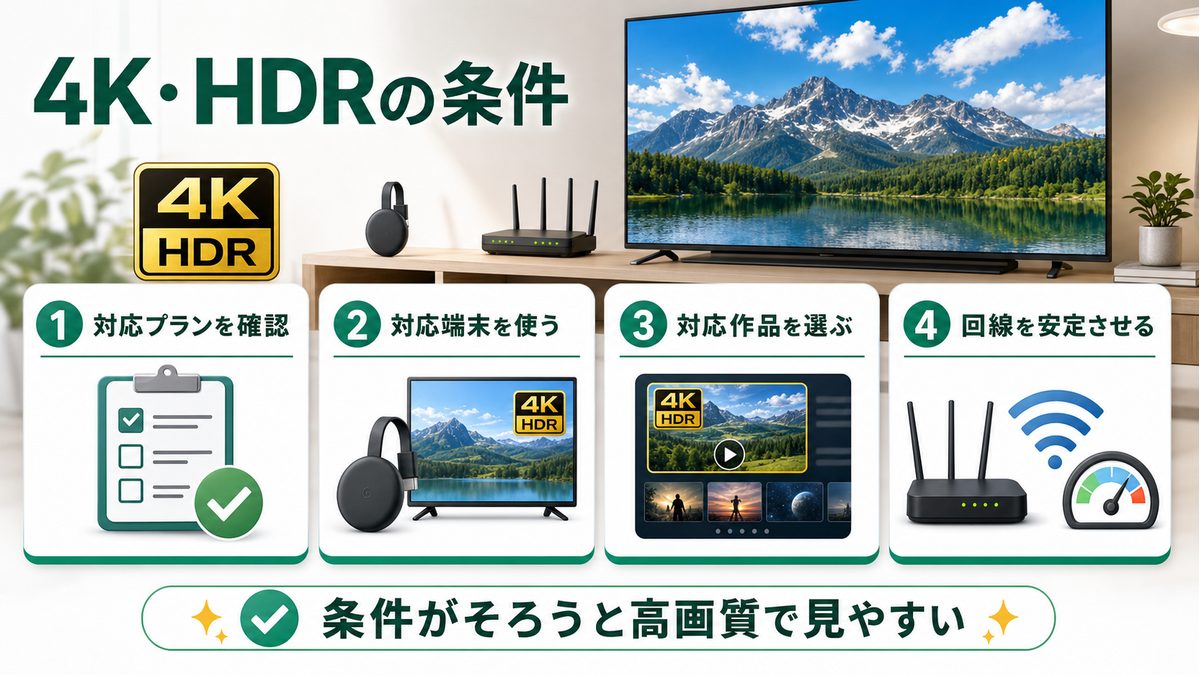 ChromecastでNetflixを4K HDR視聴するための対応プランや端末条件を示す図解