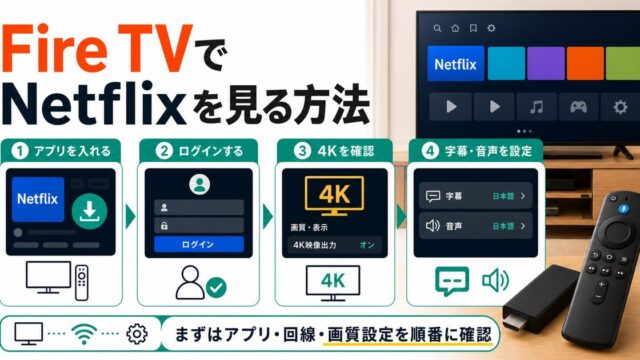 Fire TVでNetflixを見る方法とアプリ導入から字幕設定までを示すアイキャッチ