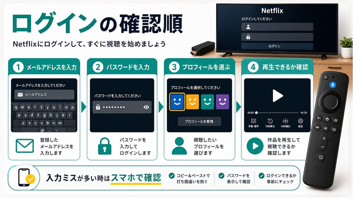 Fire TVでNetflixにログインしてプロフィールを選ぶ手順を示す図解