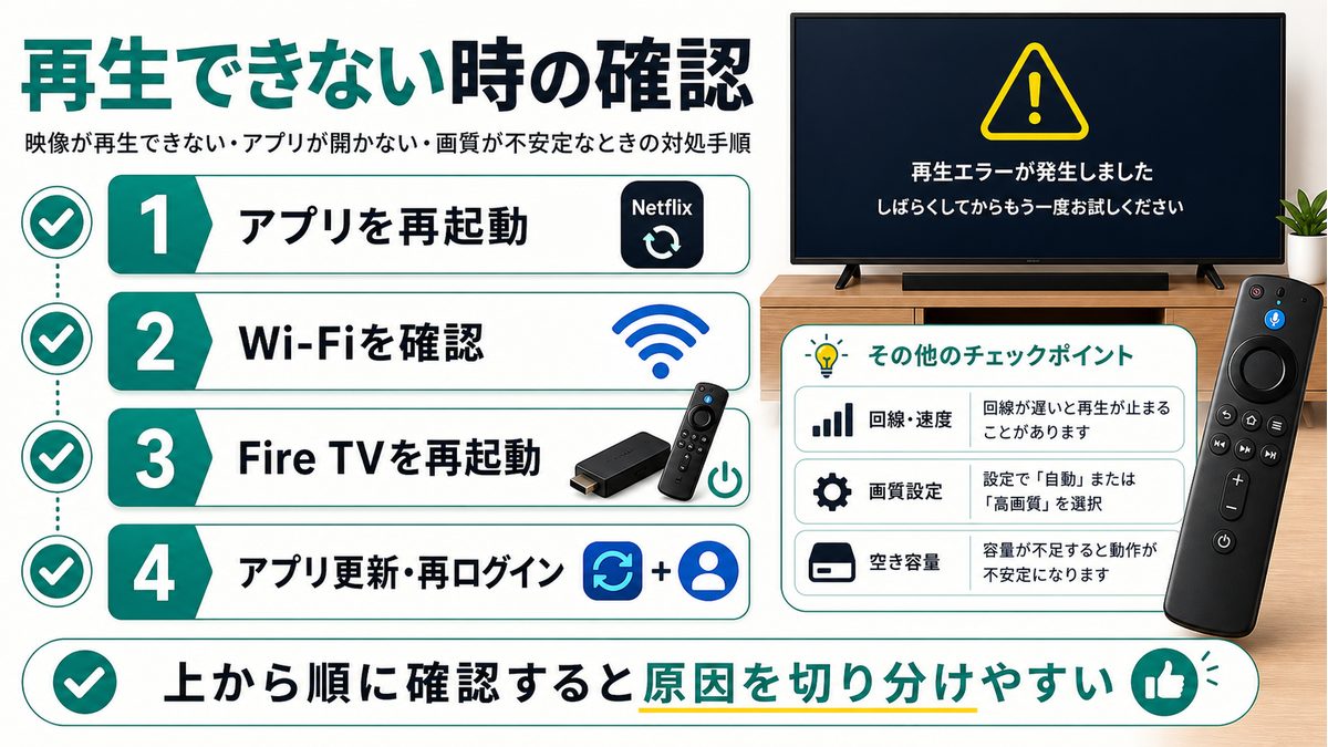 Fire TVでNetflixが再生できない時の確認順を示すトラブル対処図解
