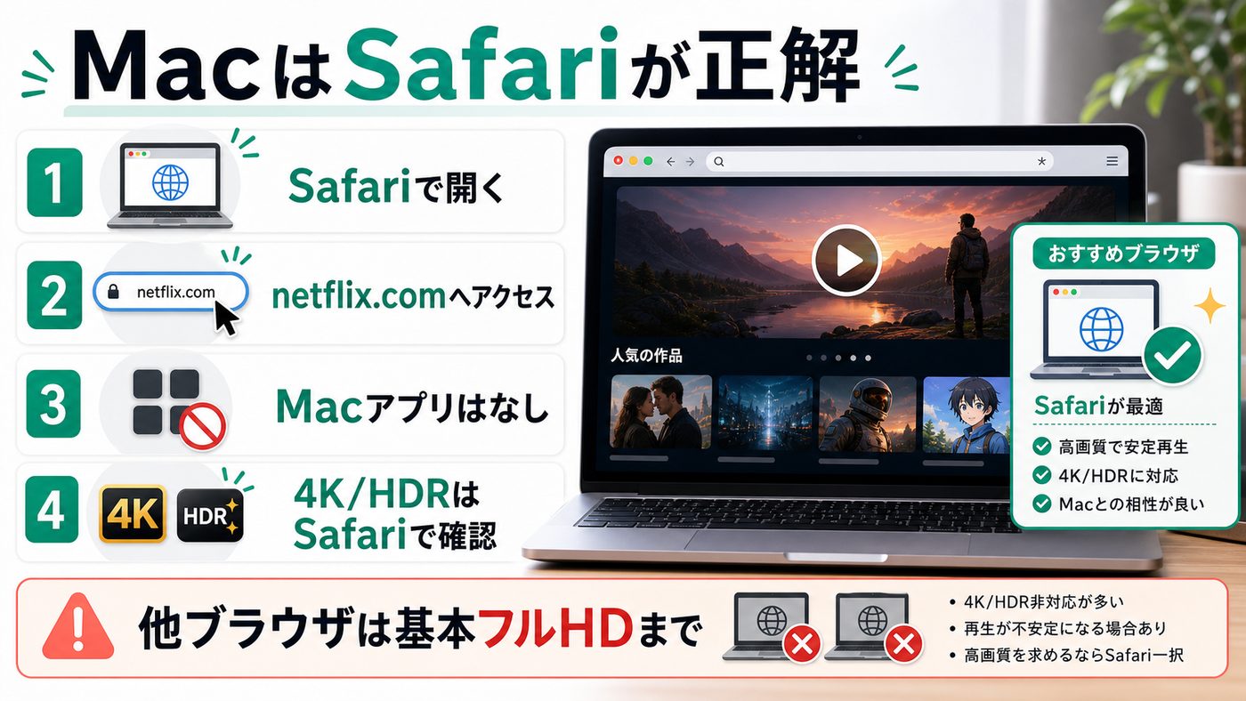 MacでNetflixを見る時にSafariを使うべき理由とMacアプリ非対応を示す図解