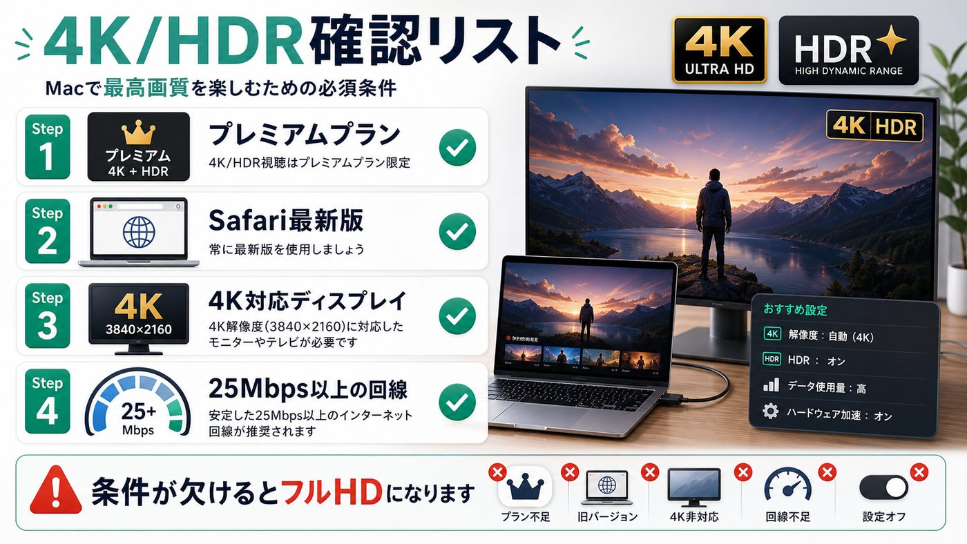 MacでNetflixを4K HDR視聴するためのプレミアムプランやSafariなどの条件を示す図解