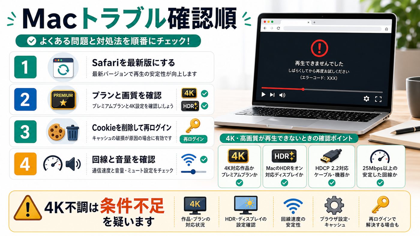 MacでNetflixが再生できない時や4Kにならない時の確認順を示す図解