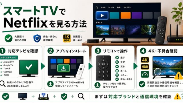 スマートTVでNetflixを見る方法と対応テレビ確認や4K視聴を示すアイキャッチ