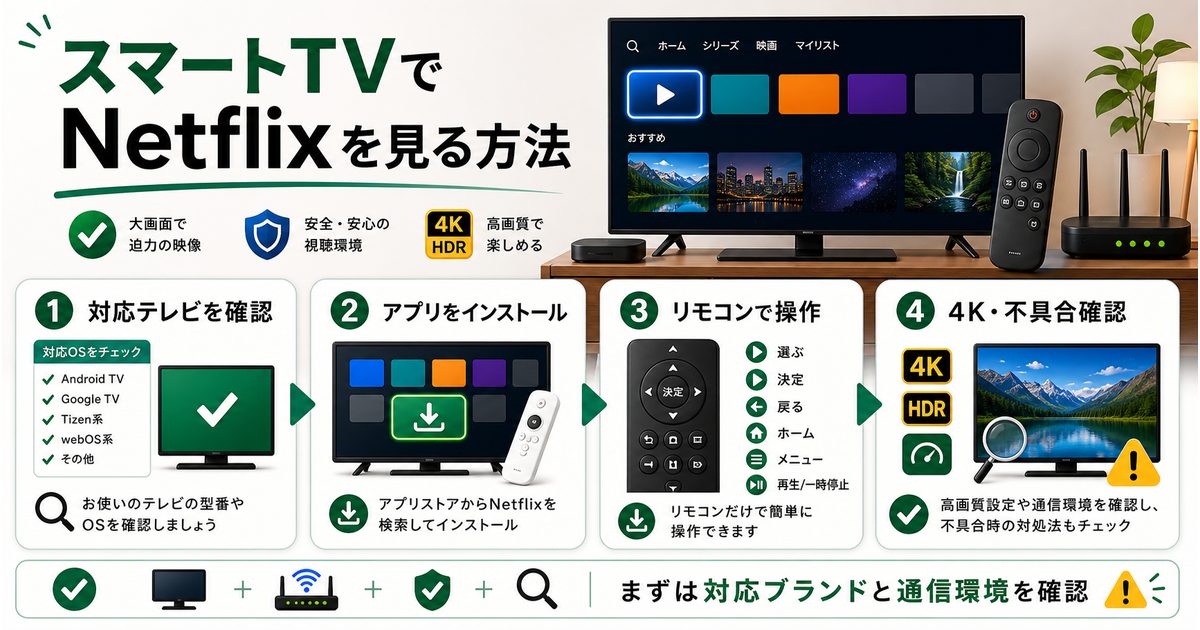 スマートTVでNetflixを見る方法と対応テレビ確認や4K視聴を示すアイキャッチ