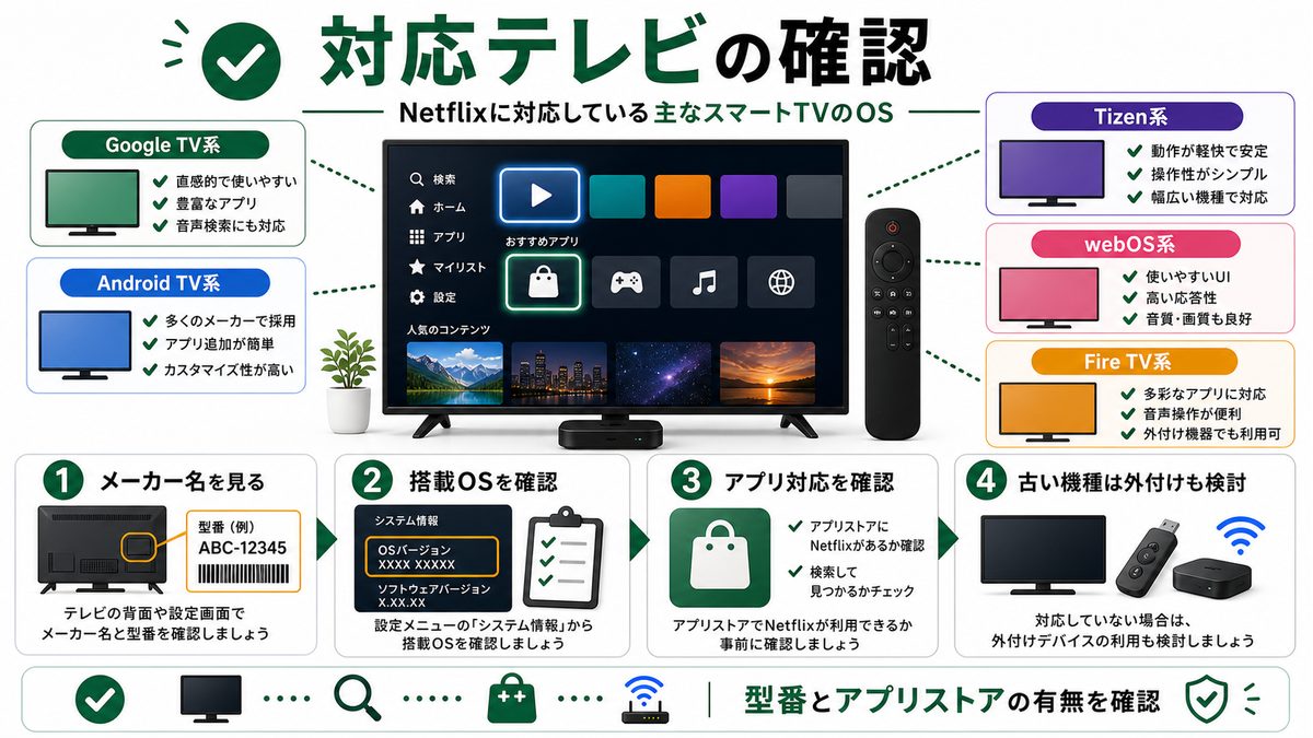 Netflix対応スマートTVのメーカーや搭載OSを確認する図解