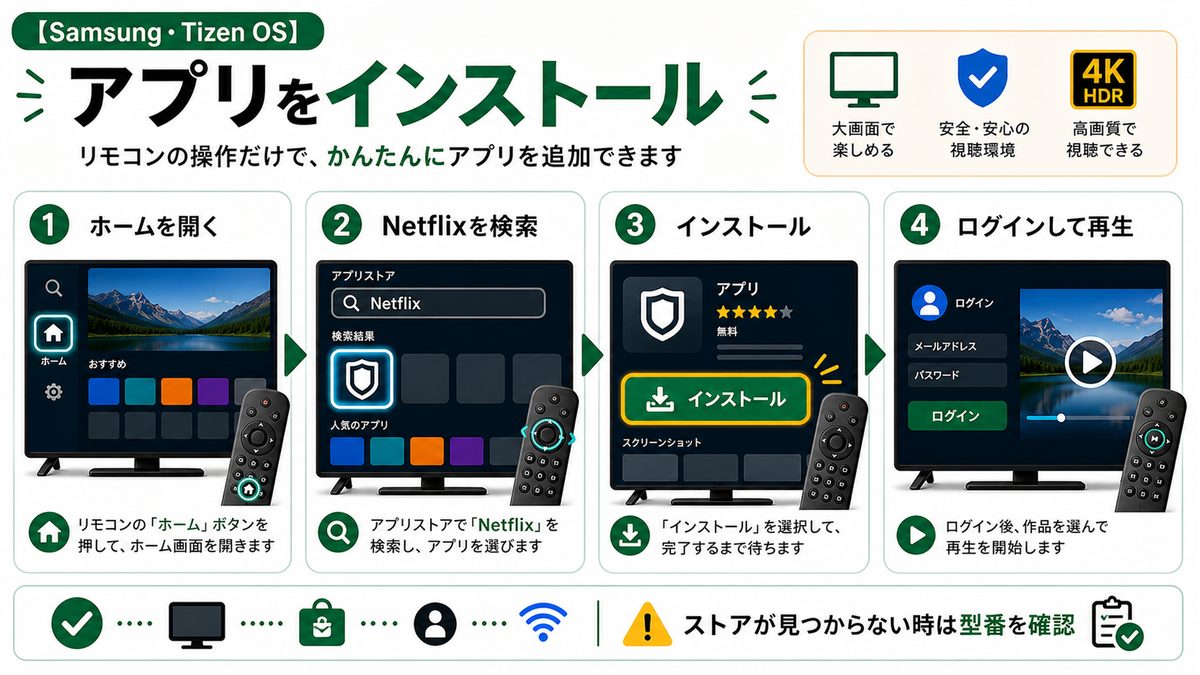 スマートTVでNetflixアプリを検索してインストールする手順を示す図解