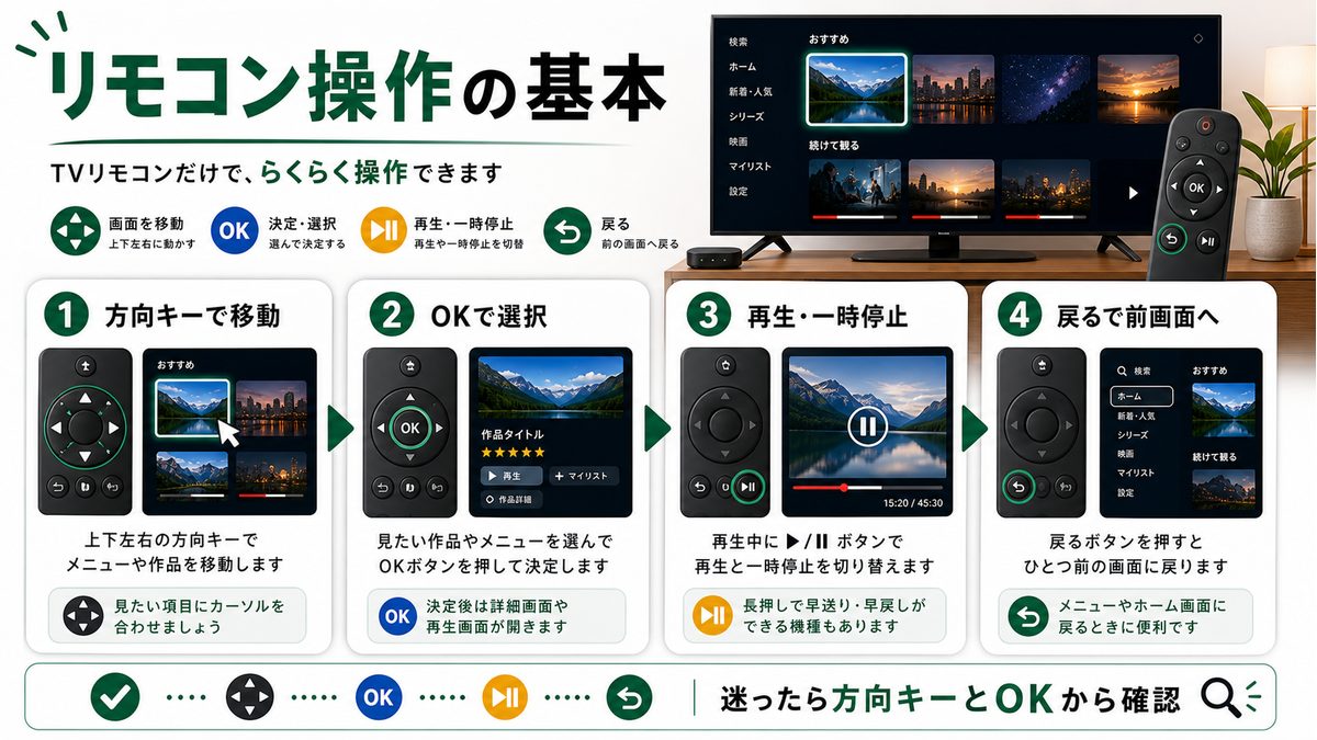 スマートTVリモコンでNetflixを操作する基本ボタンを示す図解
