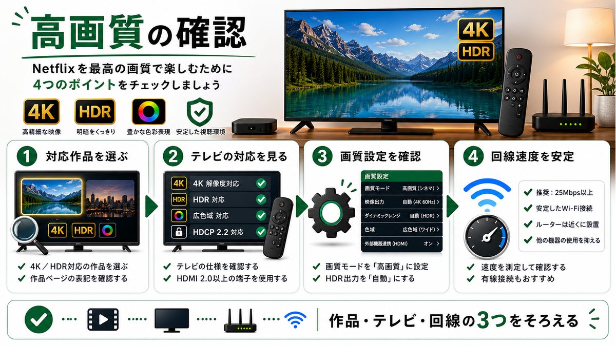 スマートTVでNetflixを高画質視聴するための作品やテレビ条件を示す図解