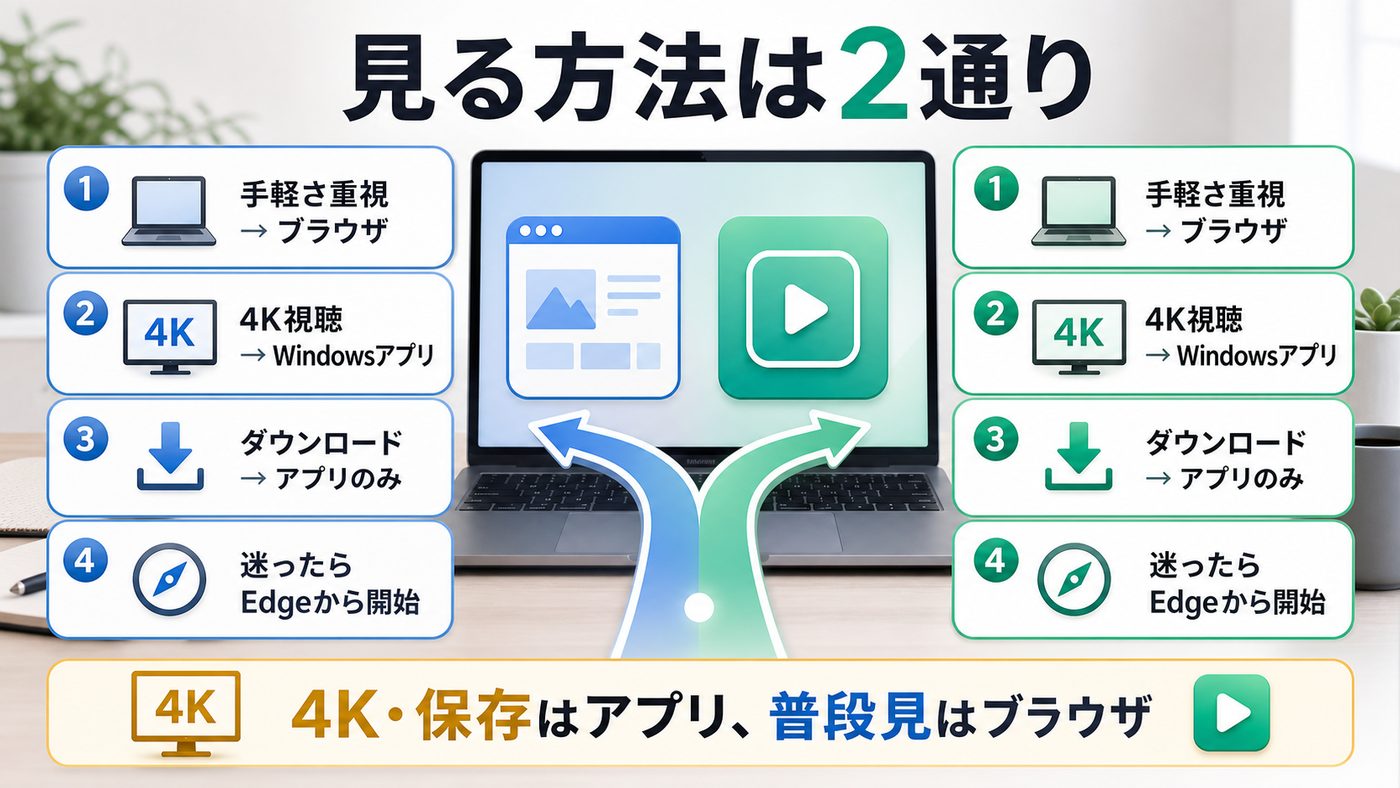 WindowsでNetflixを見る方法をブラウザ視聴とWindowsアプリ視聴で比較した図解