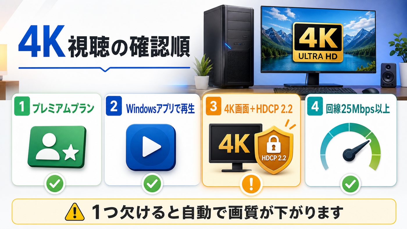 PCでNetflixを4K視聴するためのプラン・アプリ・HDCP・回線条件の図解