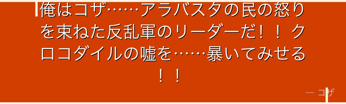 俺はコザ……アラバスタの民の怒りを束ねた反乱軍のリーダーだ!!クロコダイルの嘘を……暴いてみせる!!