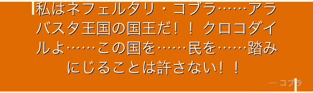 私はネフェルタリ・コブラ……アラバスタ王国の国王だ!!クロコダイルよ……この国を……民を……踏みにじることは許さない!!
