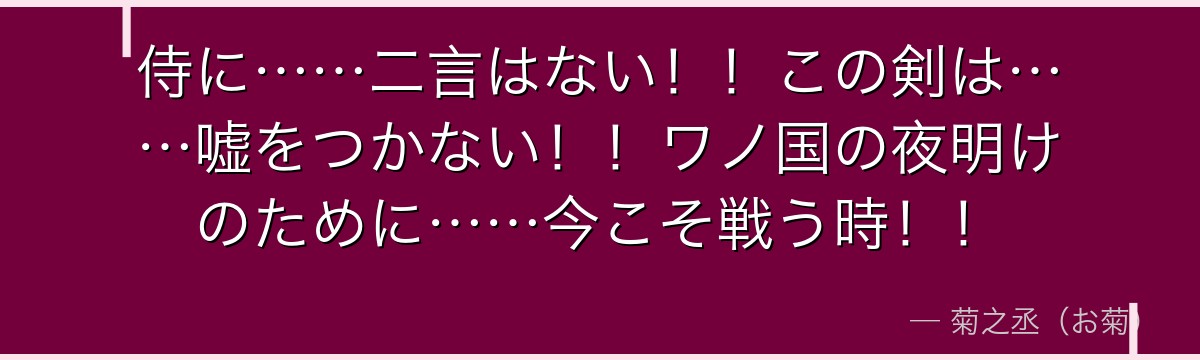 侍に……二言はない！！この剣は……嘘をつかない！！ワノ国の夜明けのために……今こそ戦う時！！