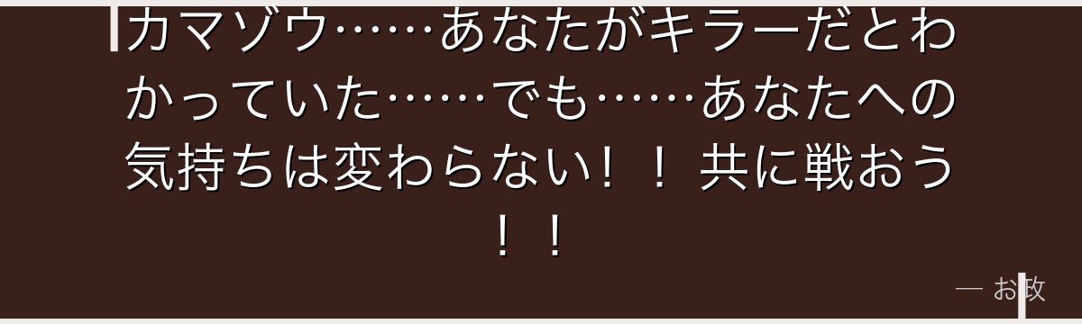 カマゾウ……あなたがキラーだとわかっていた……でも……あなたへの気持ちは変わらない！！共に戦おう！！