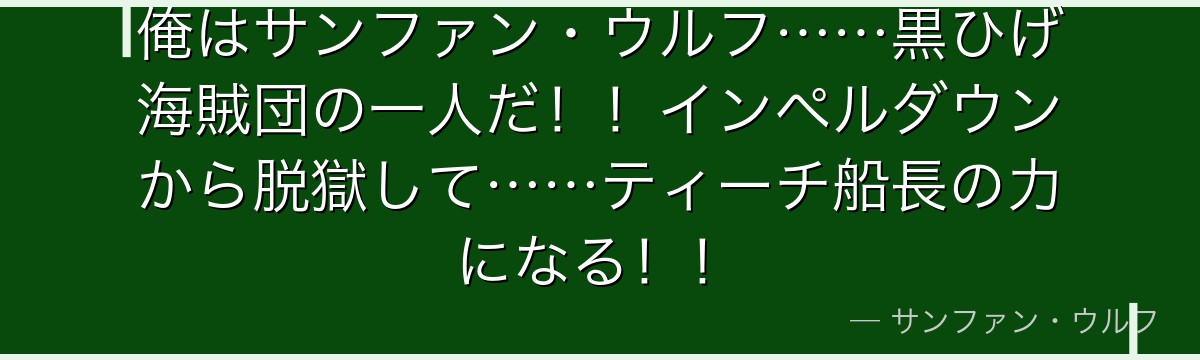 俺はサンファン・ウルフ……黒ひげ海賊団の一人だ!!インペルダウンから脱獄して……ティーチ船長の力になる!!