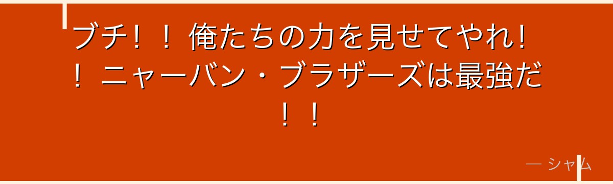 ブチ！！俺たちの力を見せてやれ！！ニャーバン・ブラザーズは最強だ！！