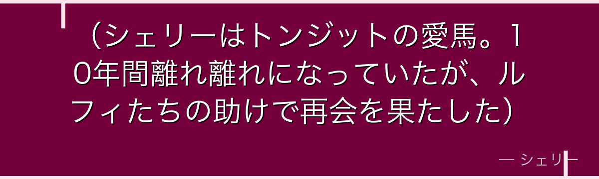 (シェリーはトンジットの愛馬。10年間離れ離れになっていたが、ルフィたちの助けで再会を果たした)