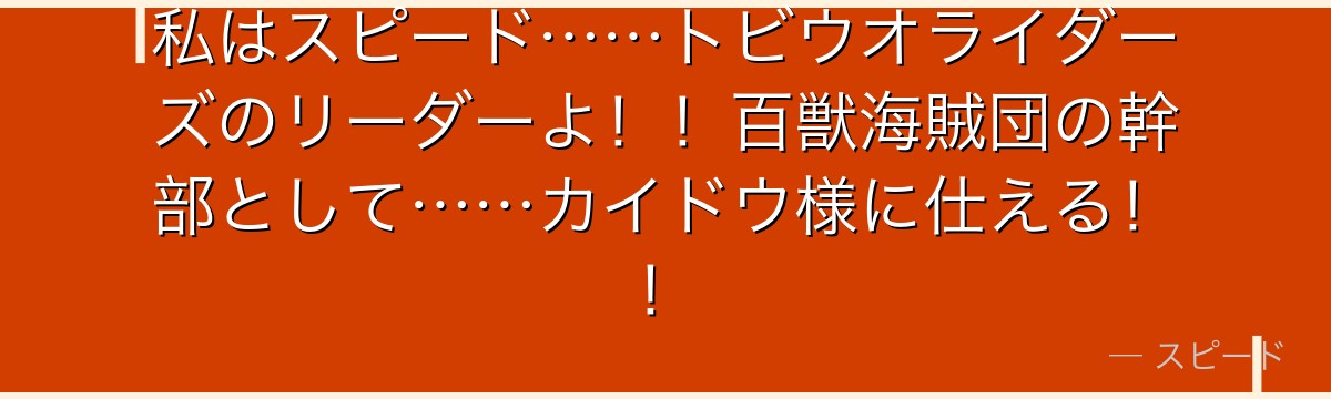 私はスピード……トビウオライダーズのリーダーよ!!百獣海賊団の幹部として……カイドウ様に仕える!!